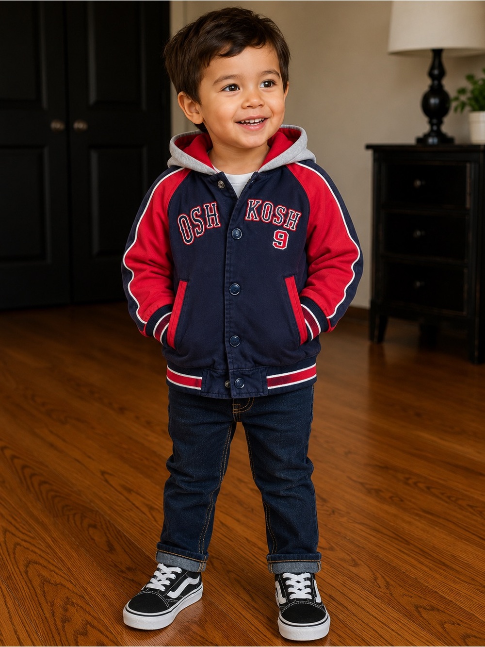OshKosh Boys Hooded Varsity Jacket Size 3T – Red & Navy